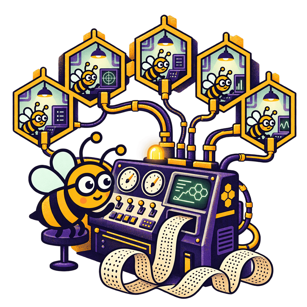 A bee at a retro switchboard reads punched paper tape, wired to rows of honeycomb cells where other bees tend their own consoles.