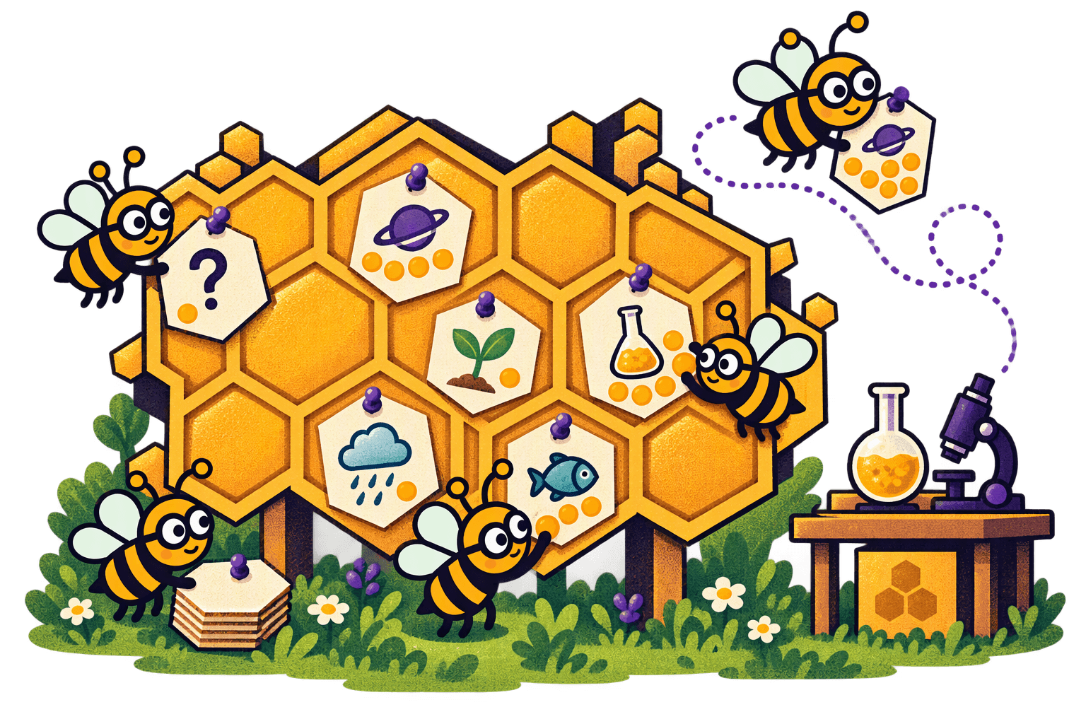 Bees pin hexagonal notes, each with a doodle such as a planet, a seedling, or a fish, to a honeycomb board in a meadow and press honey-colored dots onto the ones they like; one bee flies off with the most-dotted note toward a lab bench with a flask and a microscope.