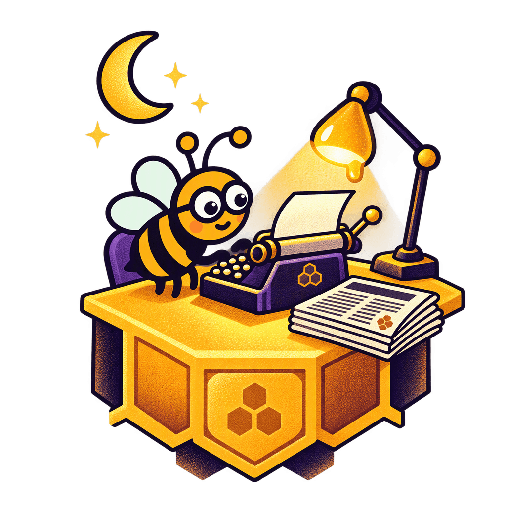 Scout the bee types at a typewriter on a honeycomb desk by the light of a honey-drop lamp, with a stack of newspapers beside it and a crescent moon above.