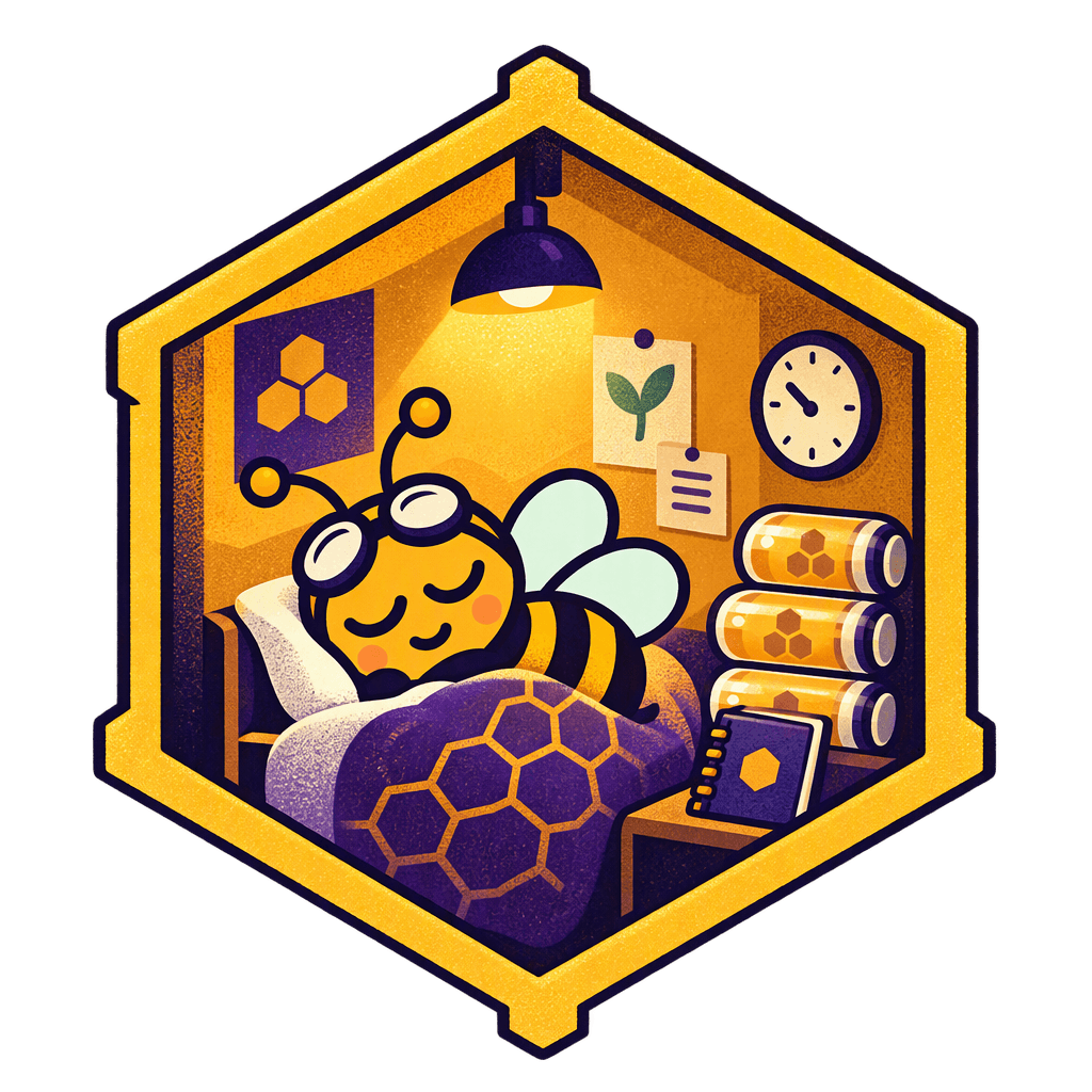 Scout asleep in a honeycomb cell under a desk lamp, goggles pushed up.