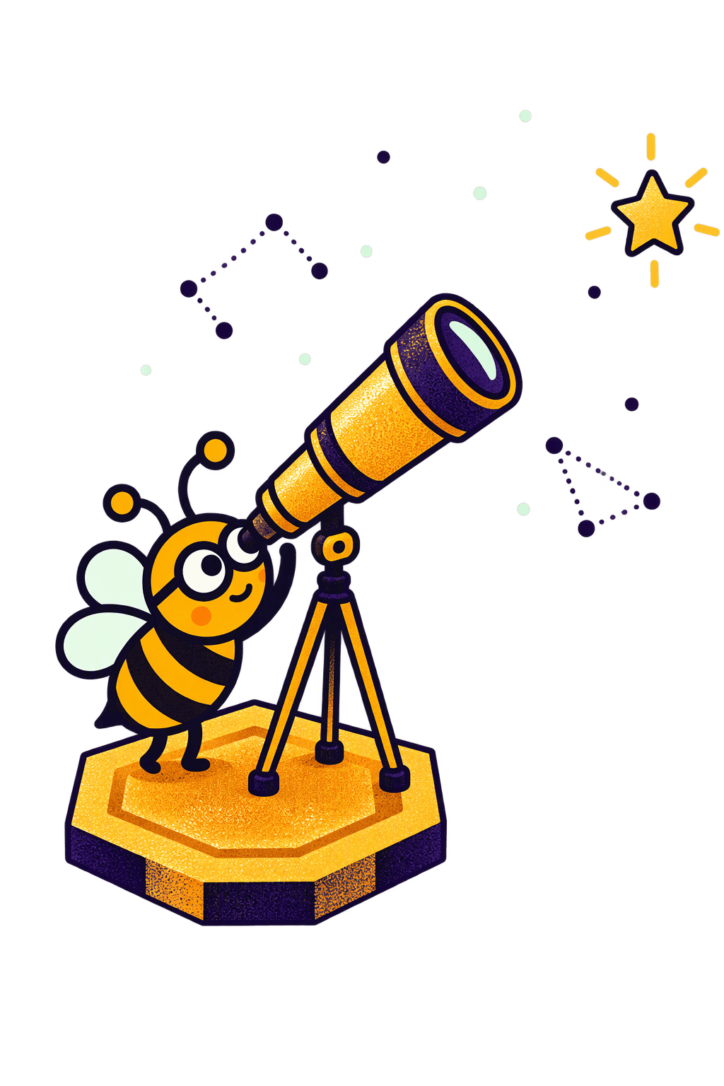 Scout the bee stands on a honeycomb platform and looks through a brass telescope pointed at a single bright star, with small constellations around it.