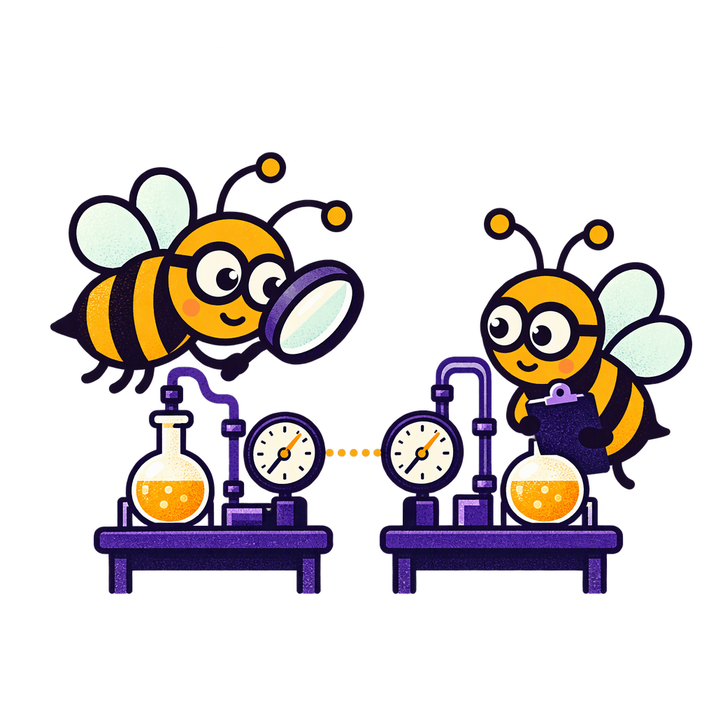 Two bees at matching lab benches: one peers through a magnifying glass at a flask and dial, the other checks the same reading on its own bench, clipboard in hand, a dotted line joining the two dials.