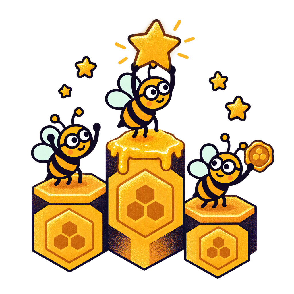 Three scout bees on a podium of honeycomb cells: the one on the tallest cell holds a glowing star high, one cheers, and one holds up a wax seal like a medal.